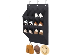 Organizador Com 12 Compartimentos - Saco Para Sapatos Suspenso - Para Porta Com Ganchos - Tecido Não Tecido - Preto
