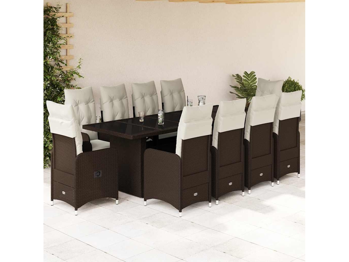 11 Pcs Conj. De Bistrô P/ Jardim C/ Almofadões Vime Pe Marrom Dkd Home Decor