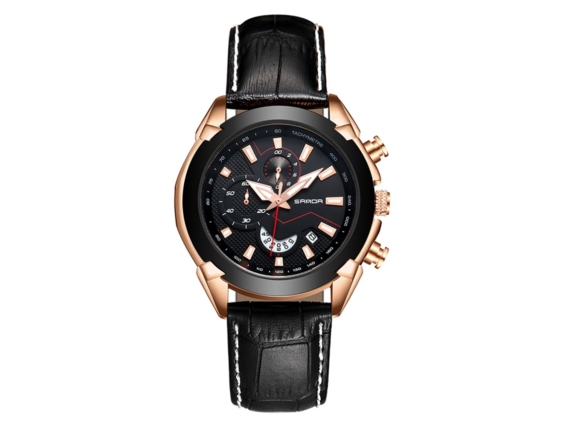 Relógio masculino casual Sanda com movimento de quartzo, pulseira preta e caixa dourada, modelo Three Eyes.