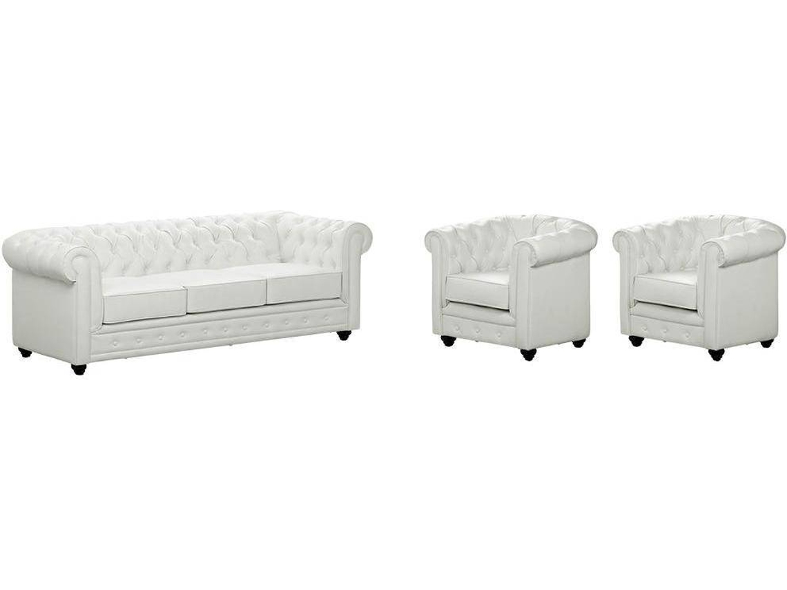 Conjunto Sofá e Poltrona Fixo Chesterfield VENTE-UNIQUE.PT (Branco - Pele sintética - 205x88x72 cm)