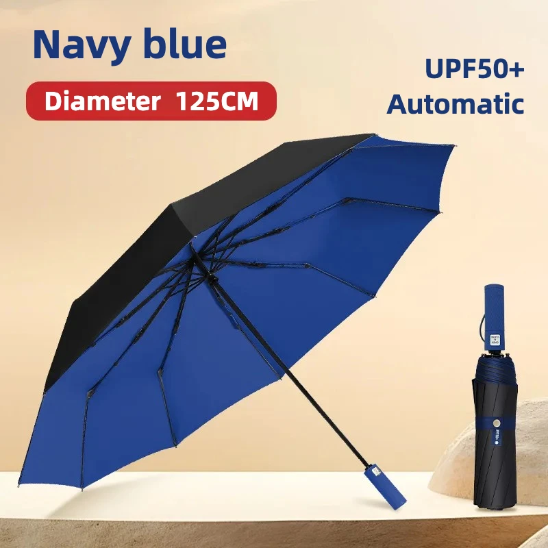 Guarda-chuva Dobrável Automático Extra Grande De 125 Cm (azul Marinho 10k), Material De Vinil, Upf50+.