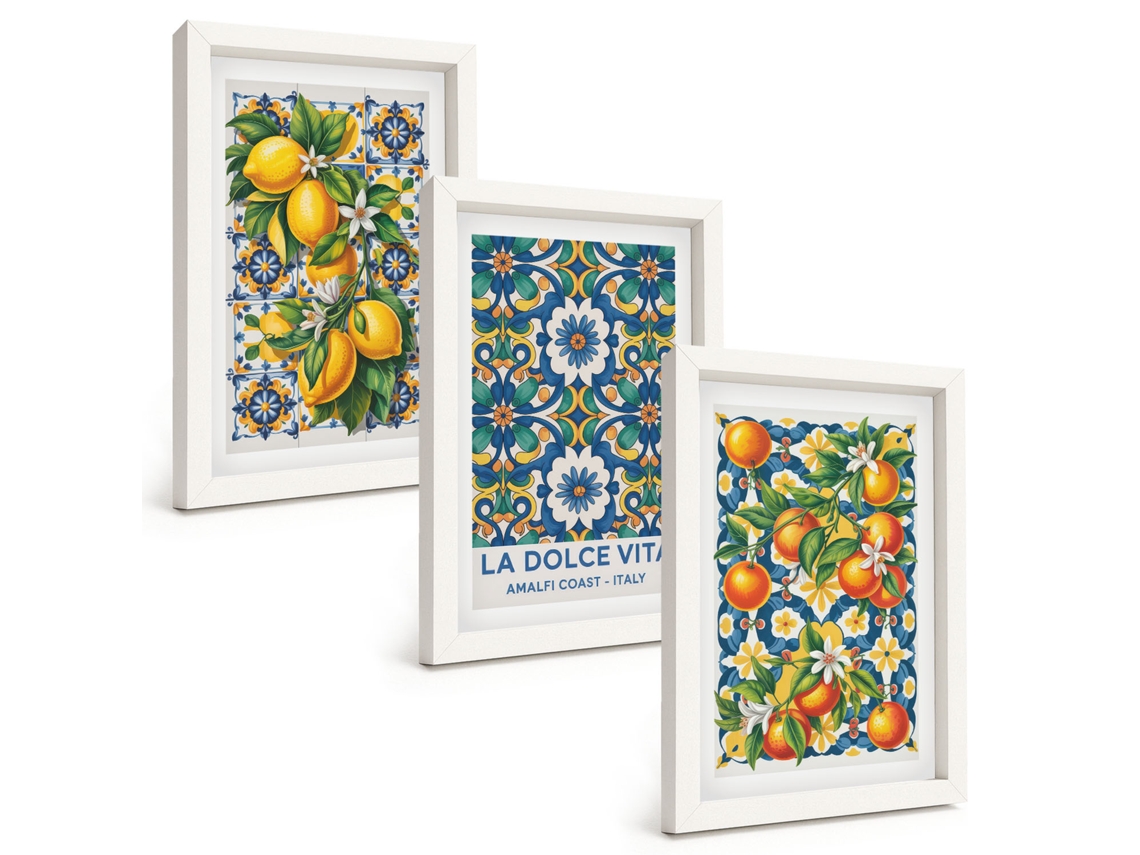Pinturas Murais Modernas Abstratos Coloridos De Frutas Cítricas Moldura Branca Fotos Para O Escritório Espelharte (3 Peças 20x30 Cm)
