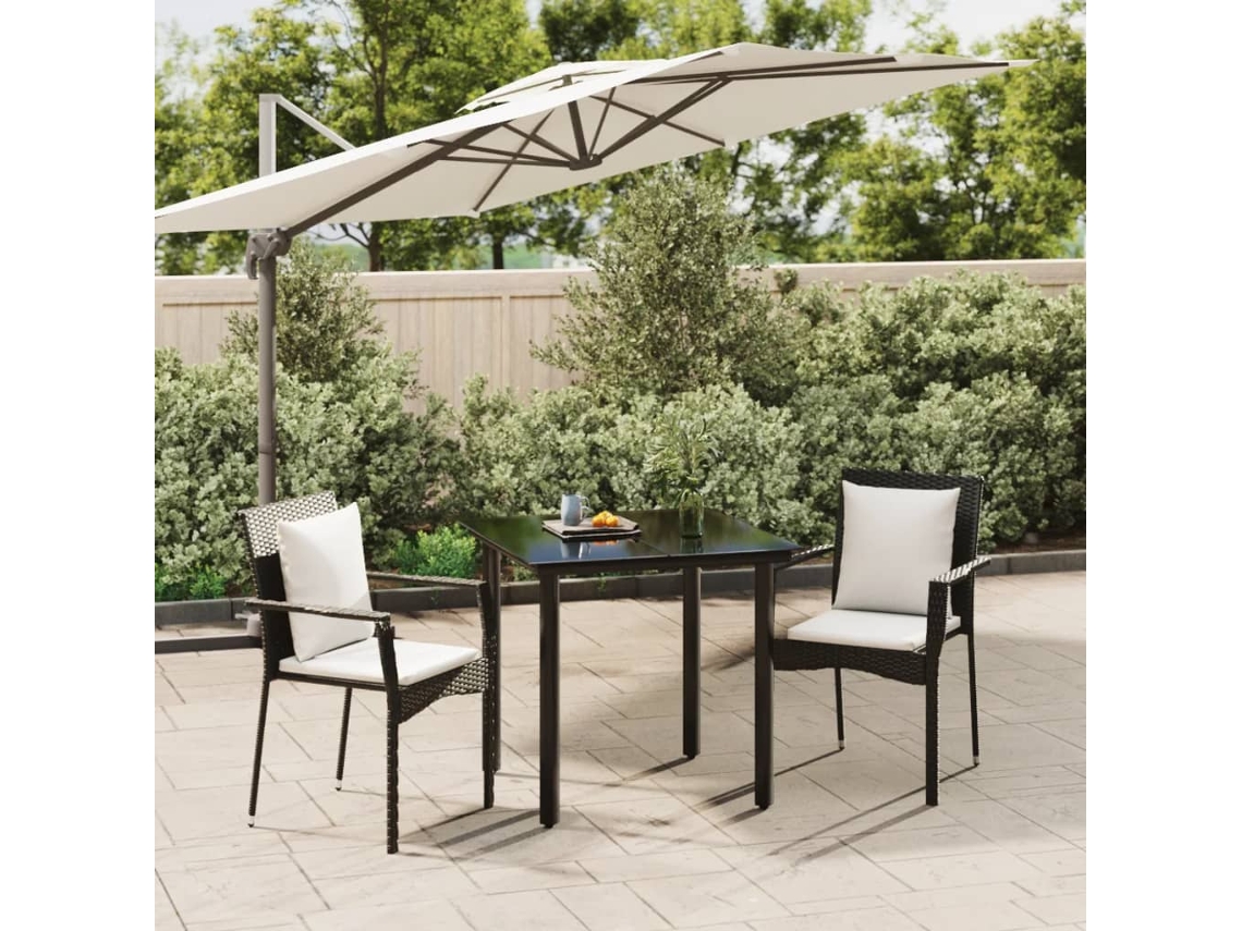 Conjunto 3 Peças Jantar P/ Jardim C/ Almofadões Vime Pe Preto Dkd Home Decor