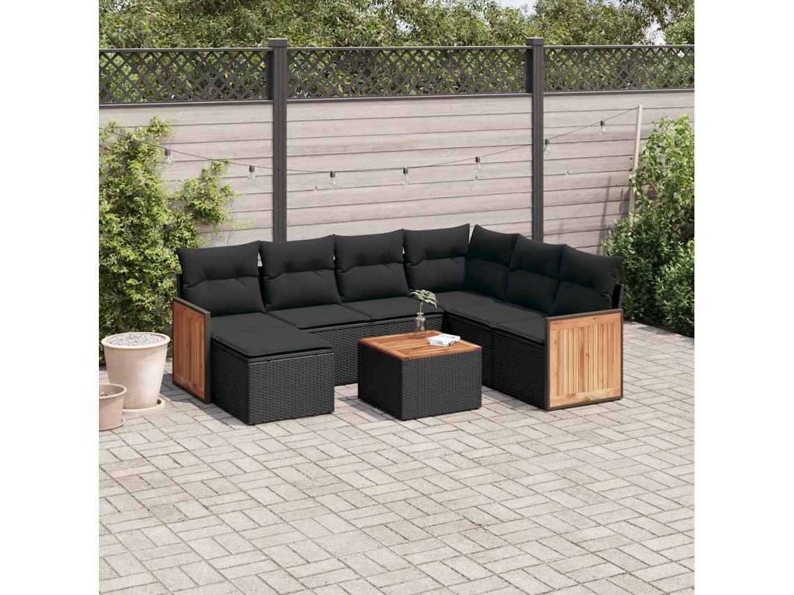 Vidaxl 8 Pcs Conjunto Sofás De Jardim Com Almofadões Vime Pe Preto
