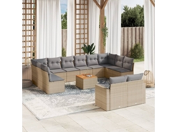 Vidaxl 13 Pcs Conj. Sofás Jardim C/ Almofadões Vime Pe Bege Misturado