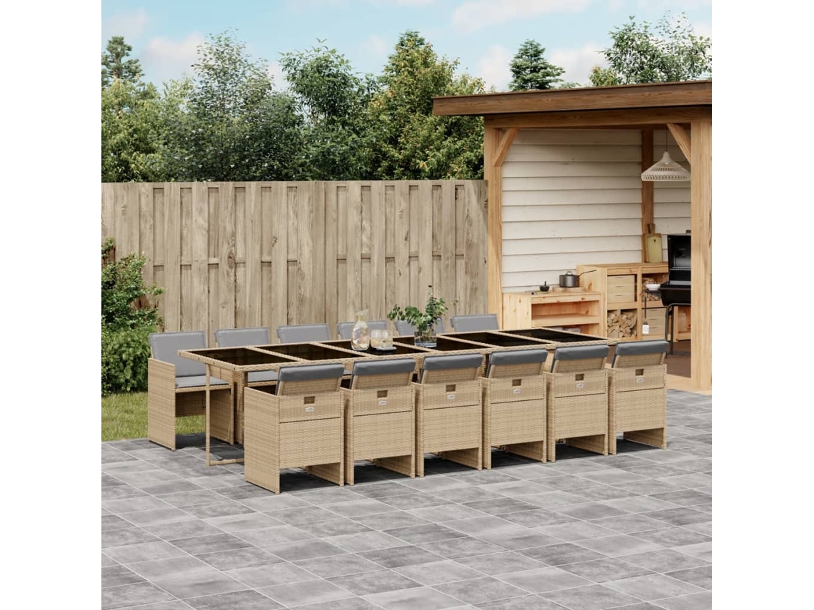 Vidaxl 13 Pcs Conj. Jantar Jardim C/ Almofadões Vime Pe Bege Misturado
