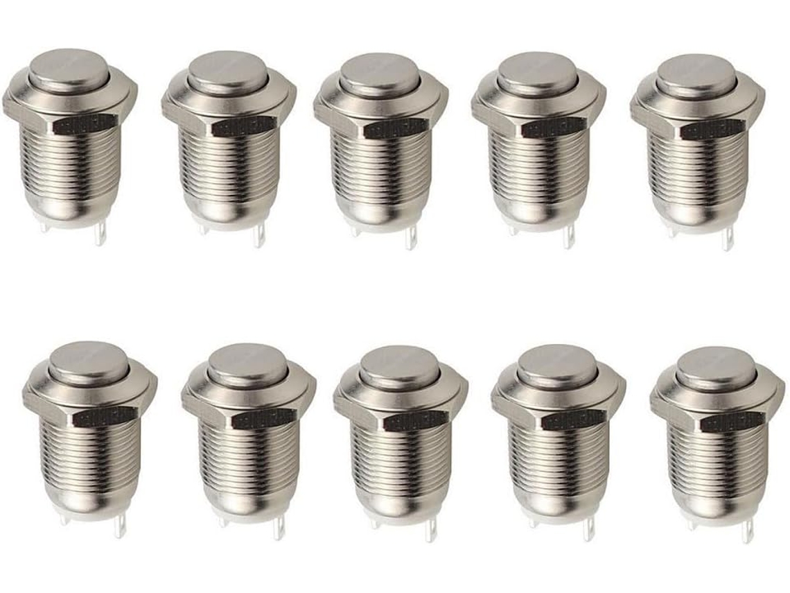 Conjunto de 10 botões de pressão momentâneos em caixa metálica à prova d'água, perfeitos para uso externo com abertura de 12 mm.