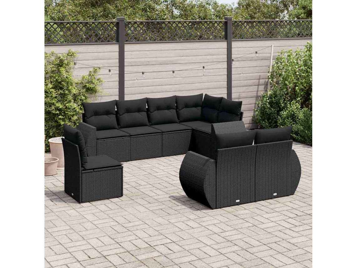 Vidaxl 8 Pcs Conjunto Sofás de Jardim com Almofadões Vime Pe Preto