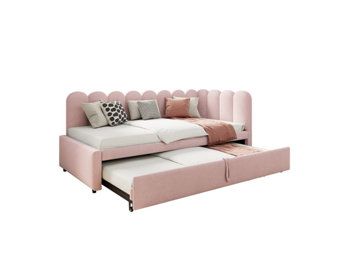 Sofá-cama Multifuncional 2 Em 1 Em Formato De L (90/180 X 200 Cm), Estofado Em Veludo Rosa. Design Compacto Que Pode Ser Usado Como Cama Infantil