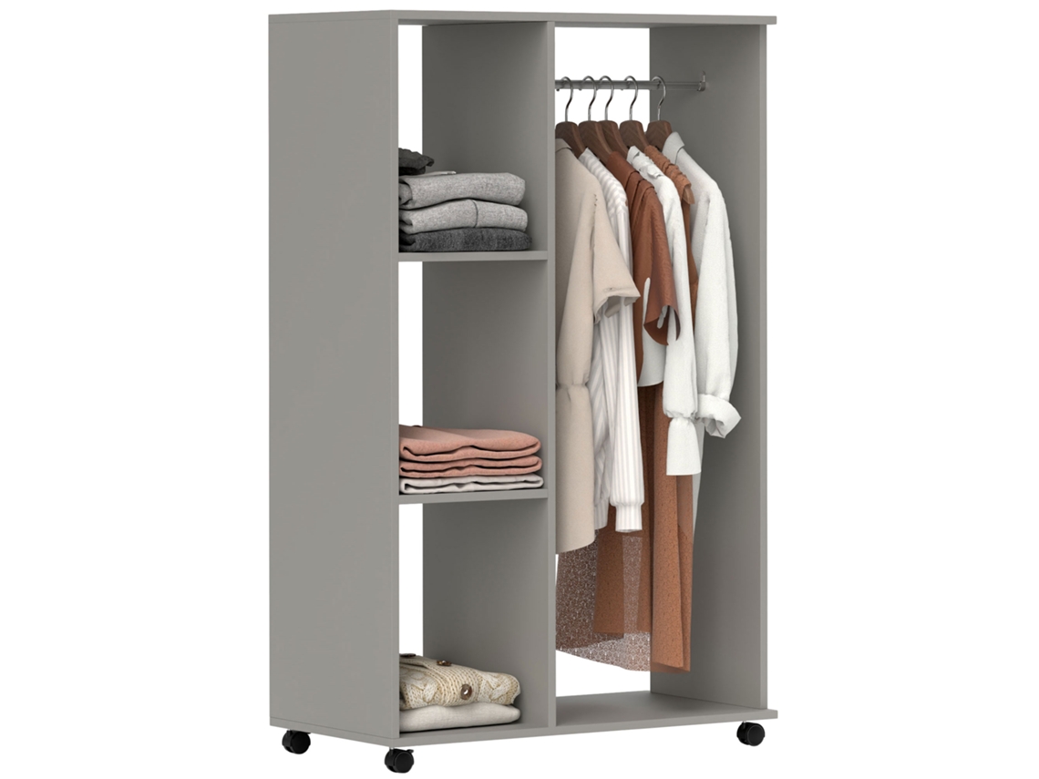 Guarda-roupa Móvel Com 4 Rodízios, Cabideiro E Prateleiras Abertas, Cinza.