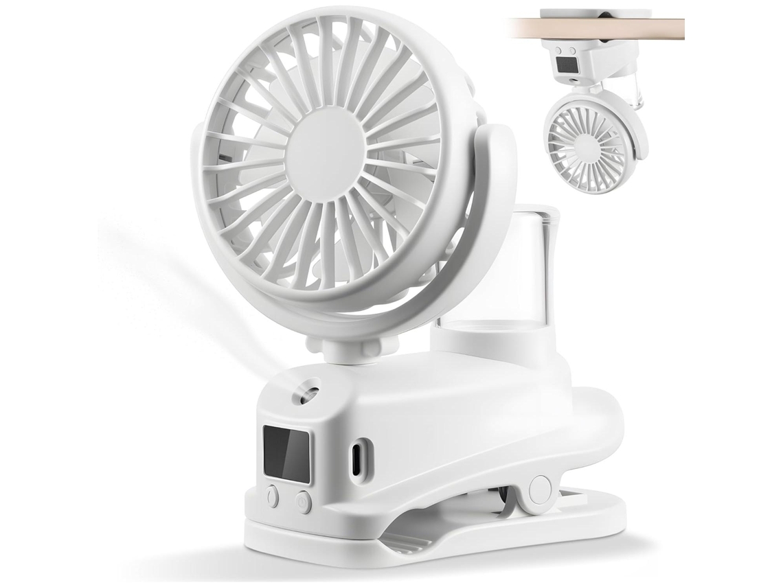 Ventilador de Clipa MDUG silencioso, visor LED, spray de água, 4 velocidades, recarregável USB (branco)