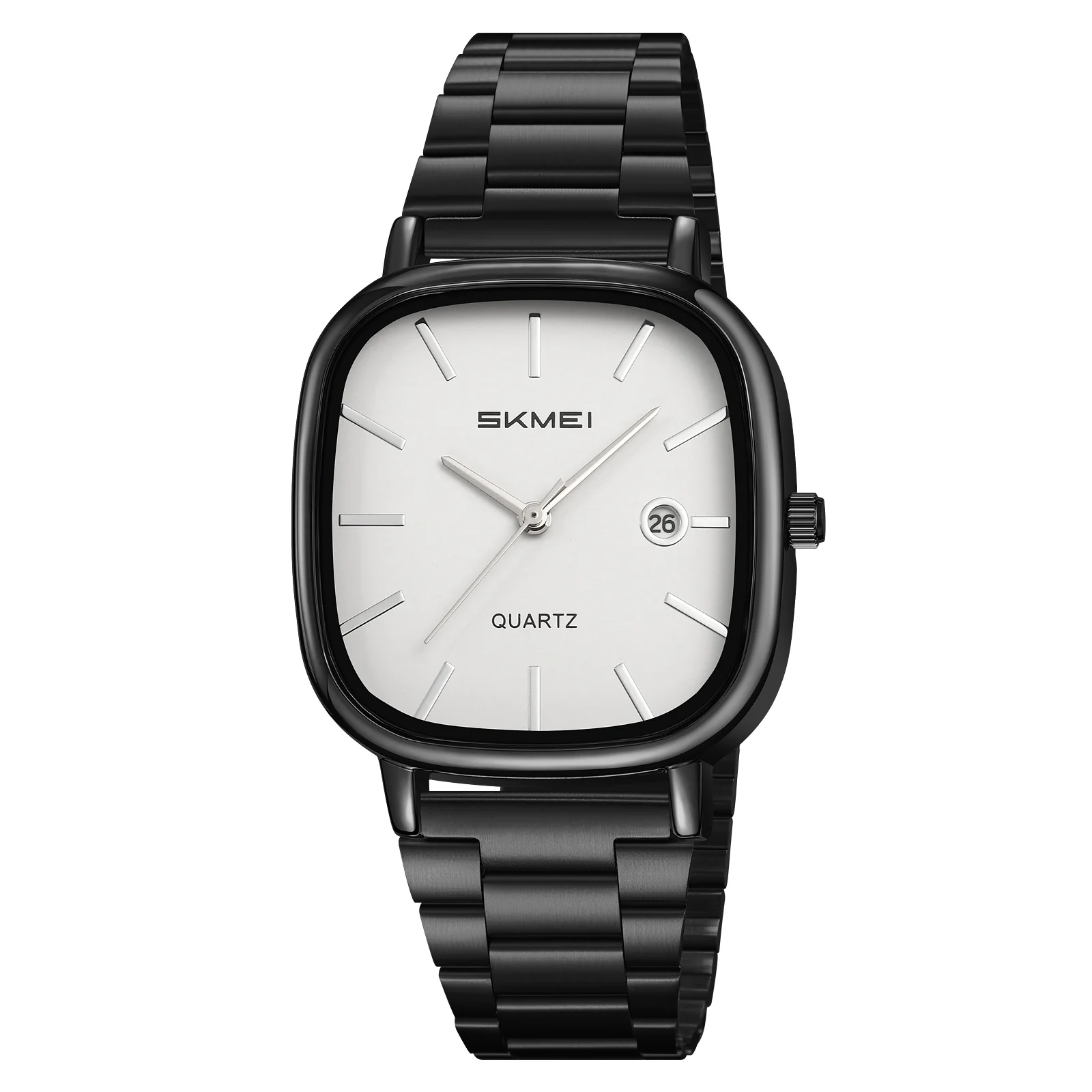 Caixa Quadrada em Liga de Zinco, Pulseira em Aço Inoxidável, Resistência À Água de 30 Metros, Exibição de Hora e Data. MDUG (preto e Branco)