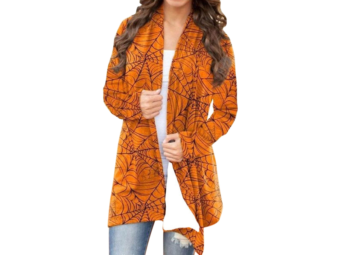 Camisa De Halloween Com Frente Aberta De Manga Longa, Ajuste Solto, Estampada, Casaco Elegante Tipo 4l