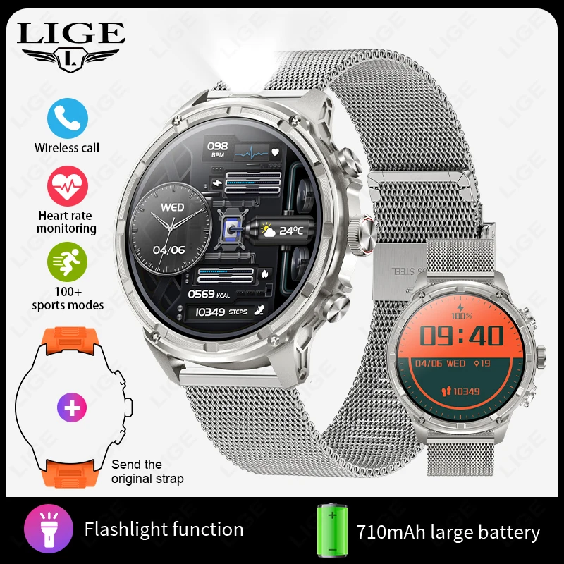 Smartwatch MDUG com GPS, tela AMOLED de 1.85 polegadas, bateria de 710mAh, chamadas Bluetooth, pulseira de malha, prateado