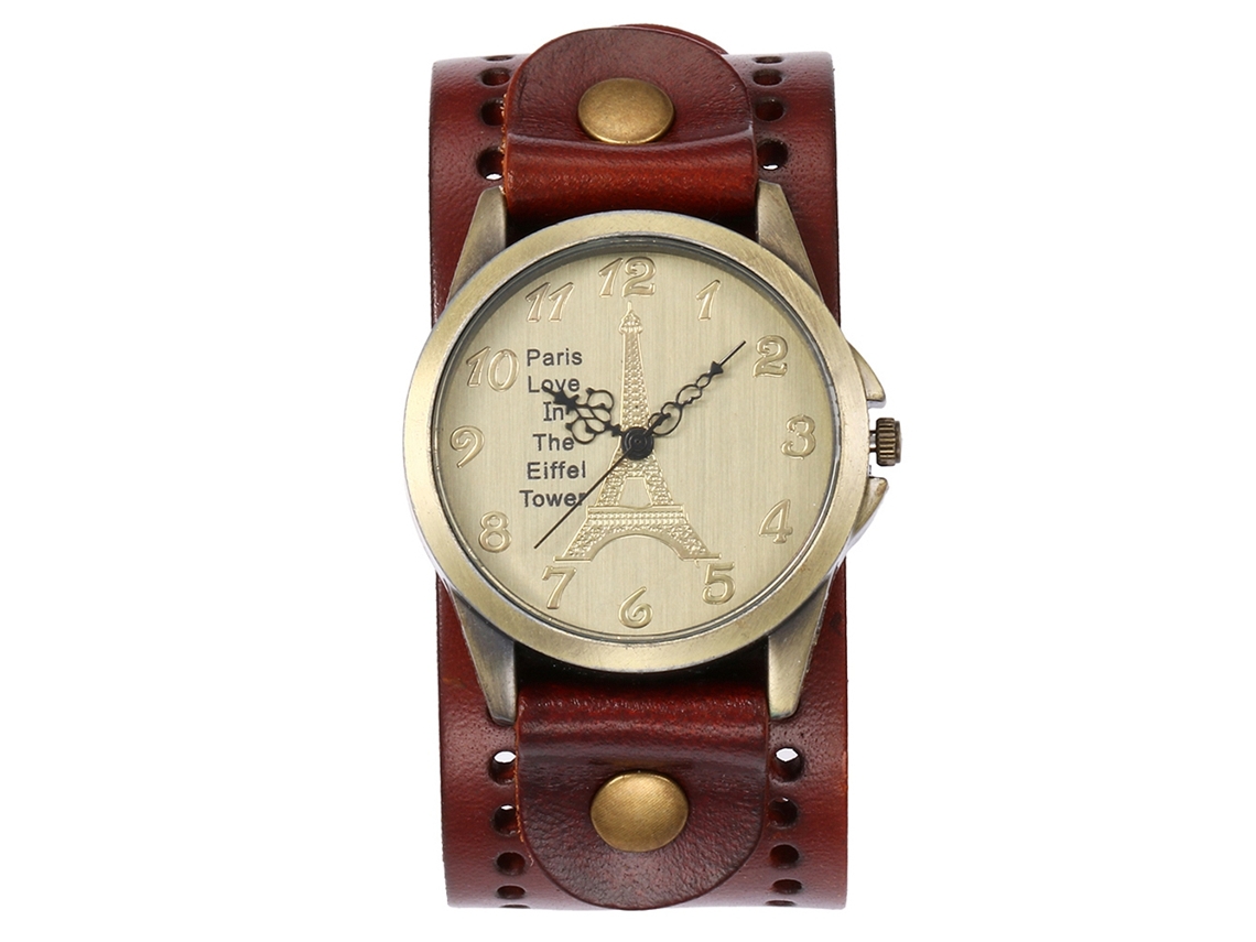 Reloj De Cuarzo Con Dial Torre Eiffel Retro En Cuero Pu Redondo Para Hombres Y Mujeres (café Claro)