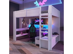 Cama Elevada 140x200cm Com Mesa Led, Gaveta E Estantes Branca Sem Colchão