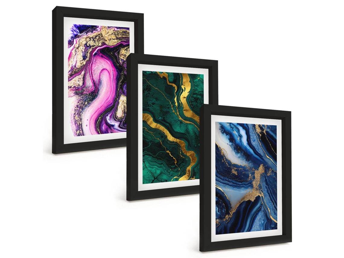 Conjunto De Pinturas Padrões Abstratos De Rosas, Vegetação Moldura Preta Quadros Para A Sala De Estar Espelharte (3 Peças 20x30 Cm)