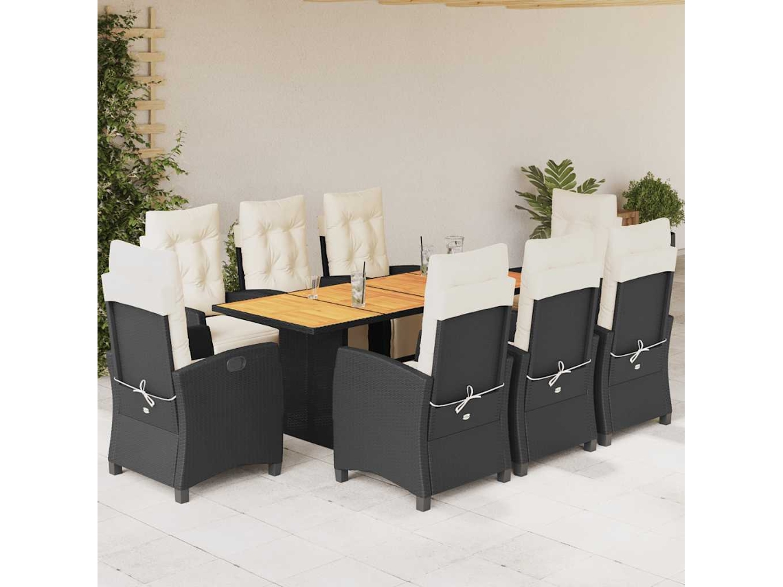 Vidaxl 9 Pcs Conjunto De Jantar P/ Jardim C/ Almofadões Vime Pe Preto