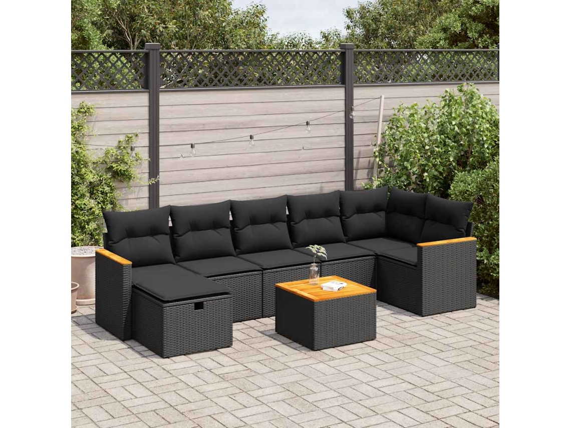 Vidaxl 8 Pcs Conjunto Sofás De Jardim Com Almofadões Vime Pe Preto