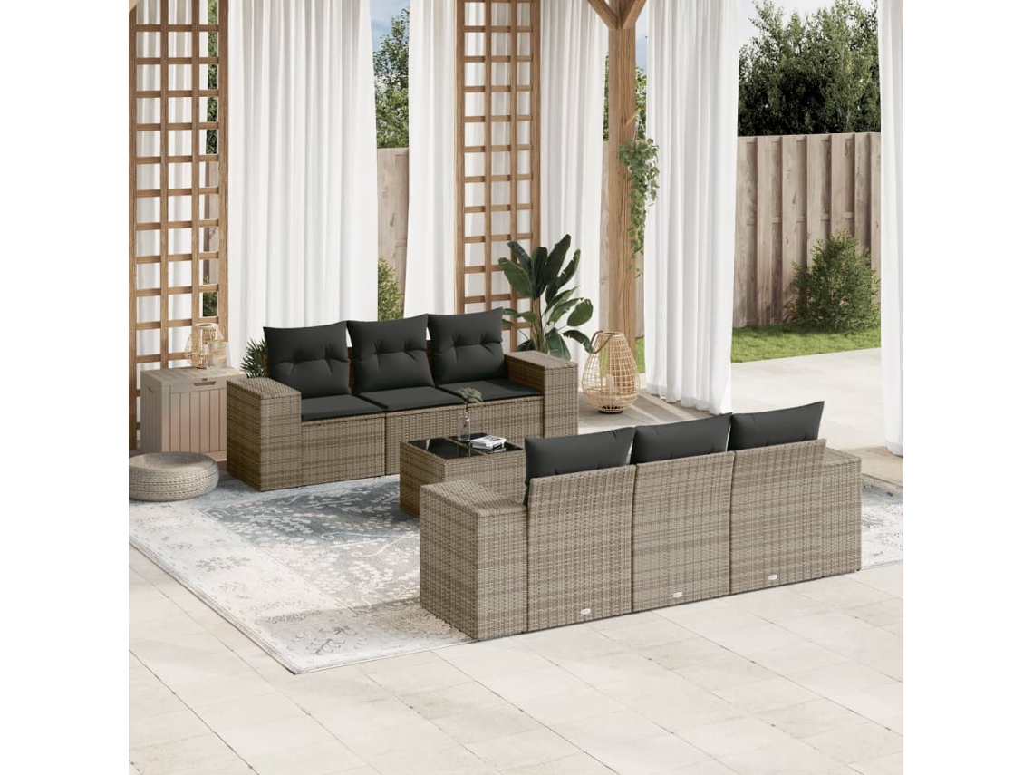 Vidaxl 7 Pcs Conjunto Sofás P/ Jardim C/ Almofadões Vime Pe Cinzento