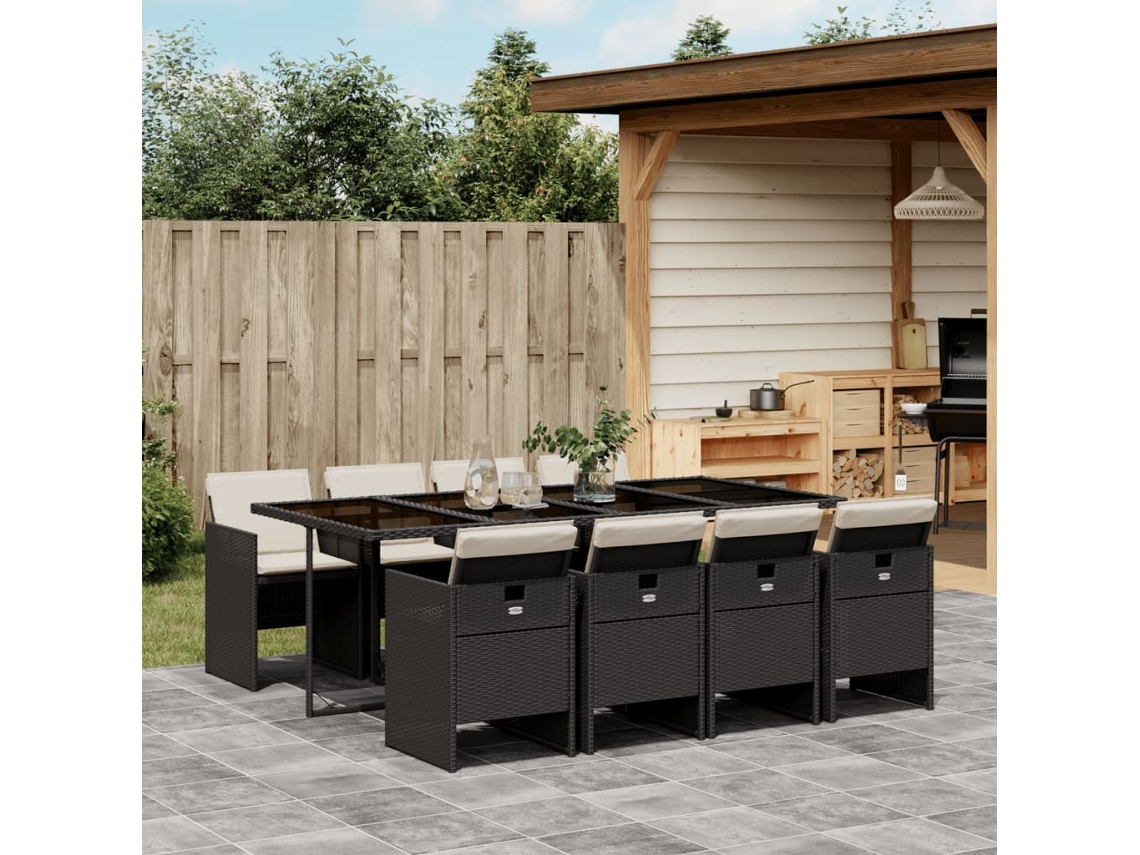 Vidaxl 9 Pcs Conjunto De Jantar P/ Jardim C/ Almofadões Vime Pe Preto