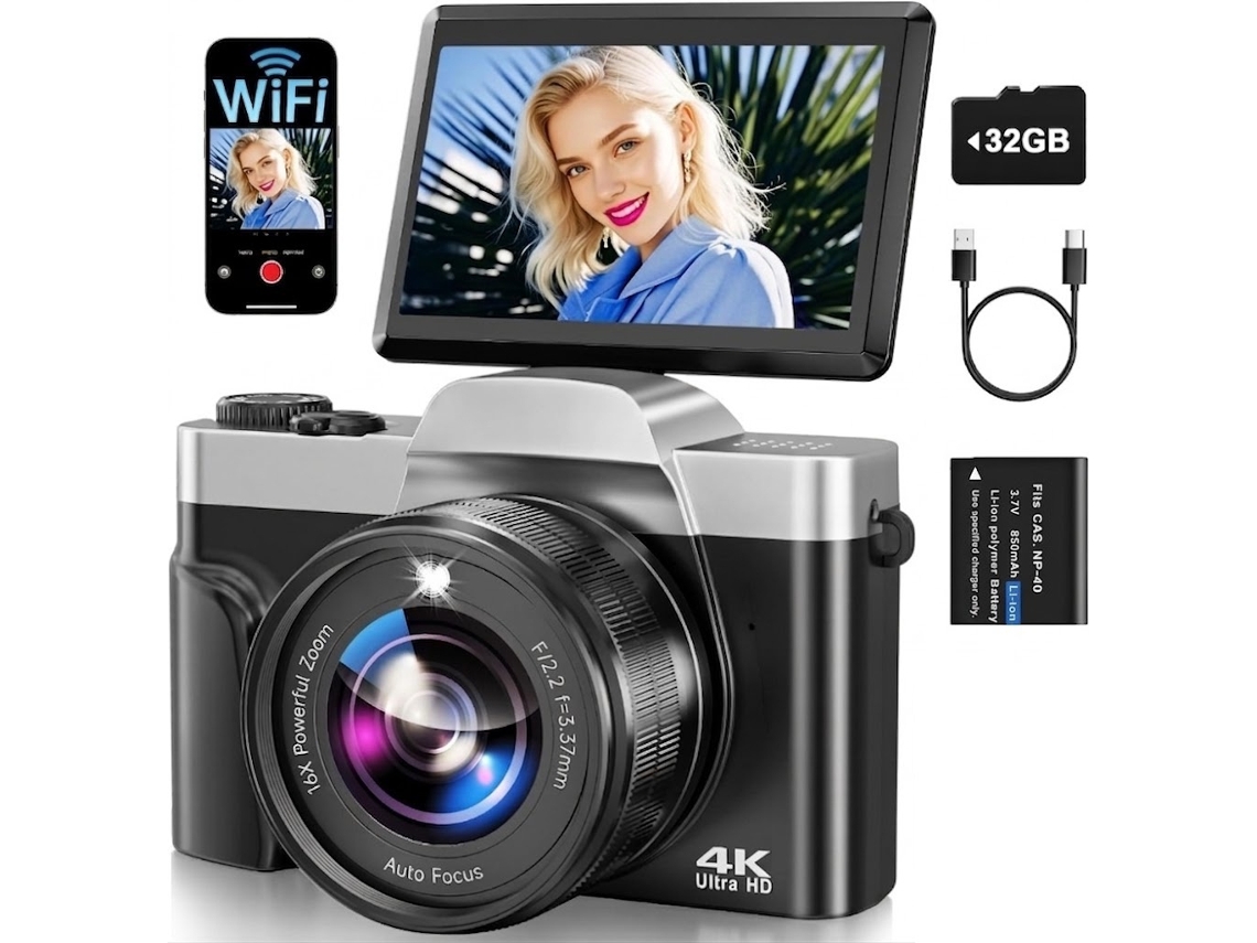 Câmera Digital 4k Wifi 64mp Com Tela Giratória De 180º - Presente Ideal Para Meninos, Meninas E Estudantes (preta)