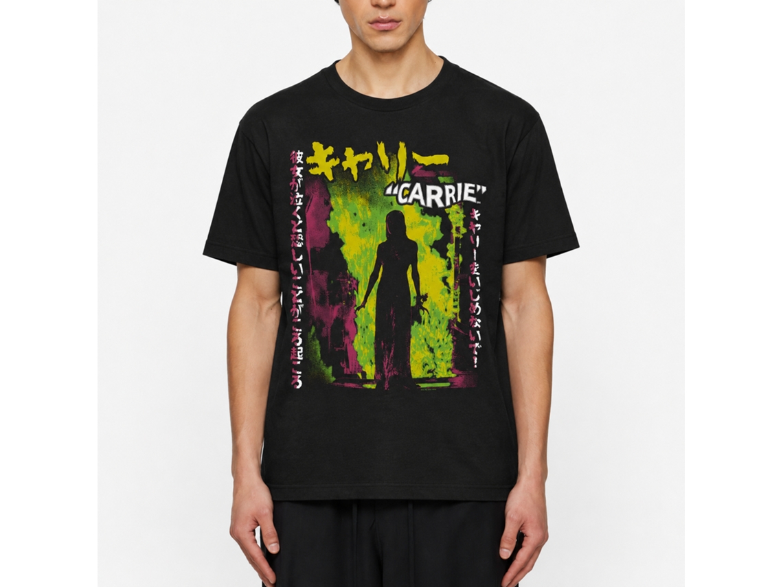 Rockinstone Carrie Movie Neon Fire Japanese Text Black Adult T-shirt Size:xxxl
