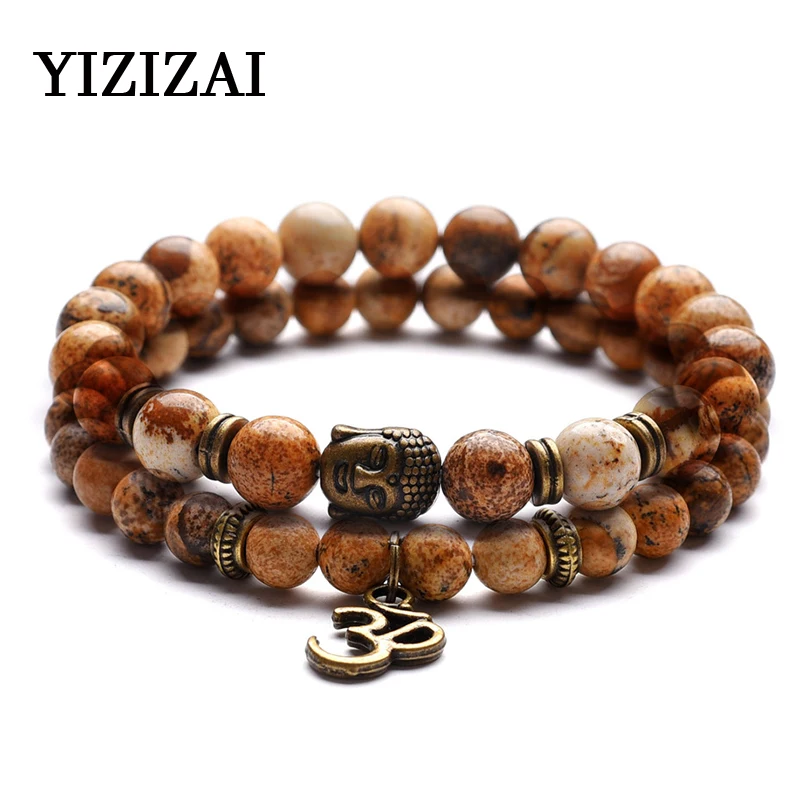 Conjunto De 2 Pulseiras Tibetanas Com Cabeça De Buda, Pedra Natural, Pulseira Com Espaçamento Da Sílaba Om