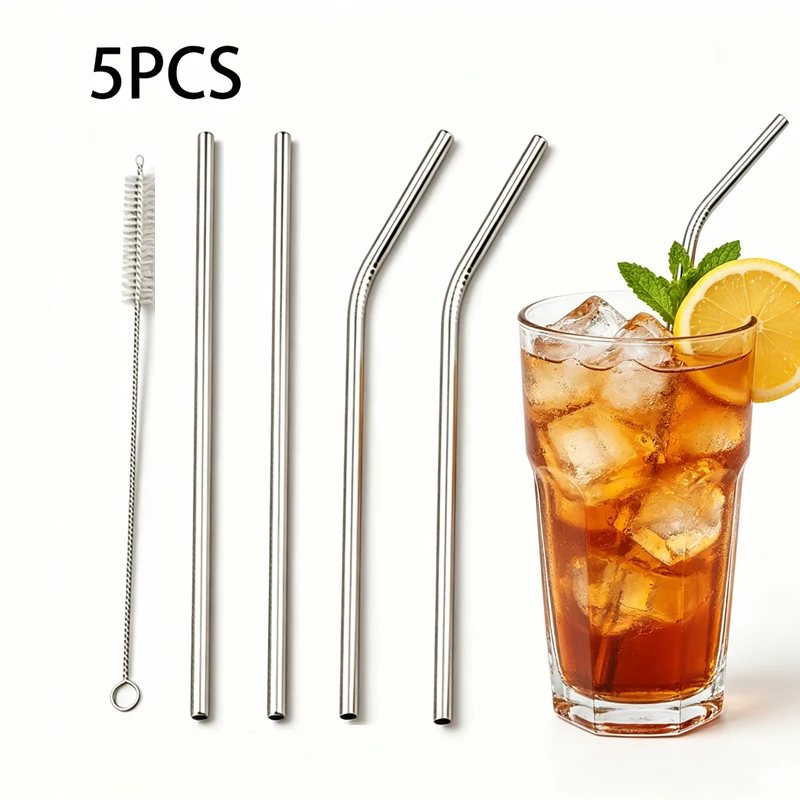 Conjunto De 5 Canudos Reutilizáveis De Aço Inoxidável, Retos E Curvos, Com Escova De Limpeza.