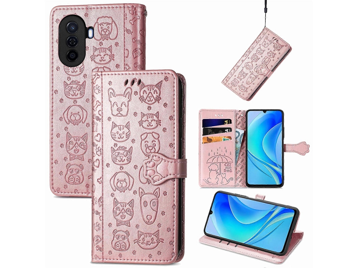 Capa De Couro Com Estampa De Gato E Cachorro Para Huawei Enjoy 50