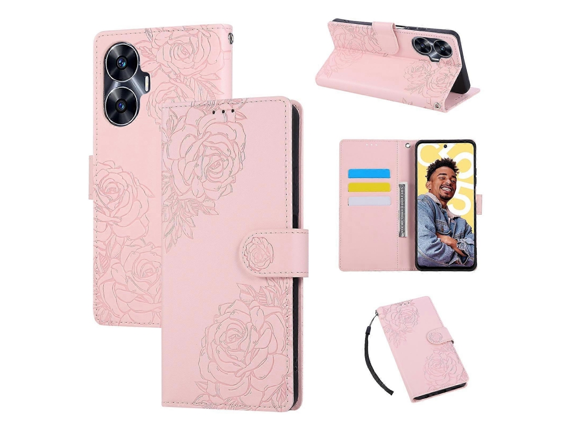 Capa De Couro Para Celular Com Estampa De Flor De Rosa E 3 Compartimentos Para Cartões