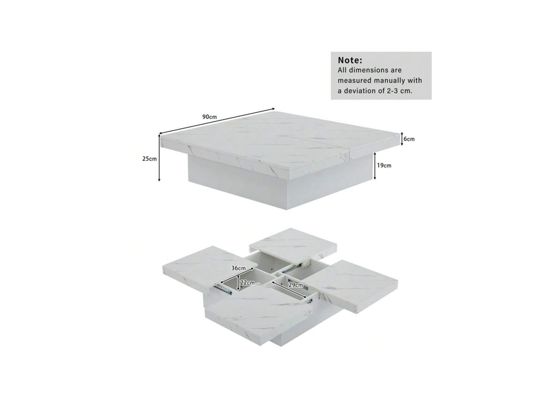 Mesa De Centro Branca Moderna Com Design De Mármore, 90 X 90 X 25 Cm 4 Gavetas, Tampo Deslizante, Suporta Até 30 Kg Quenty
