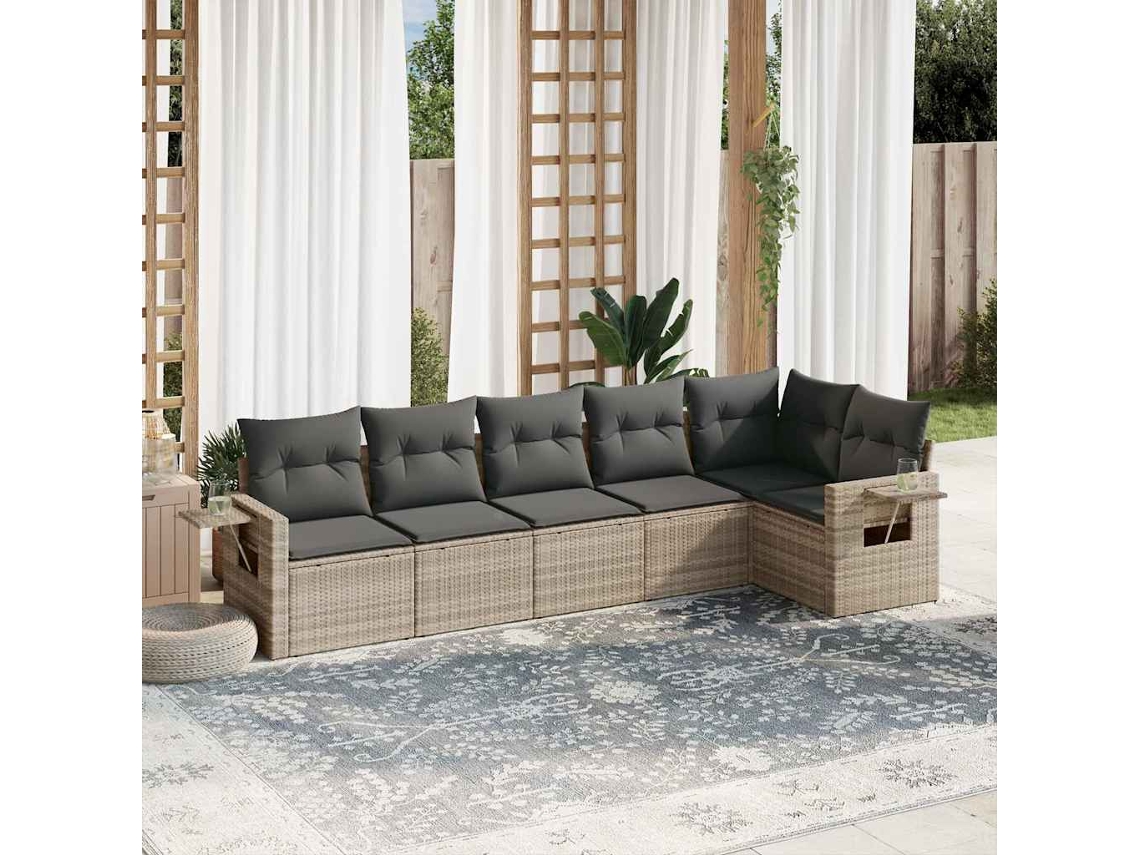 Vidaxl 6 Pcs Conj. Sofás Jardim Com Almofadões Vime Pe Cinzento-claro
