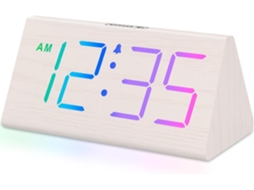 Lurelia Despertador De Madeira Com Bateria Recarregável, Acabamento Em Madeira, Alimentação Usb, Brilho Ajustável, Função Snooze, Branco Rgb