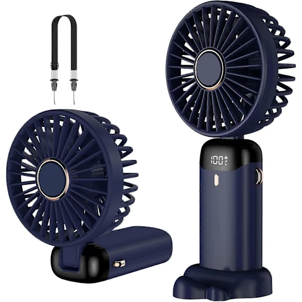 Ventilador Portátil Azul, Mini Ventilador Recarregável Via Usb, 5 Velocidades, Pequeno Ventilador De Bolso Com Base, Bateria De 4000mah