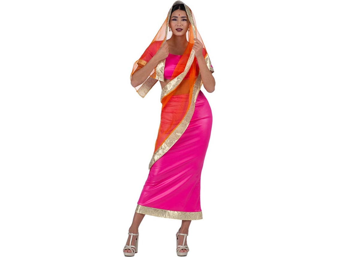Elegante traje hindu fúcsia e laranja para mulher