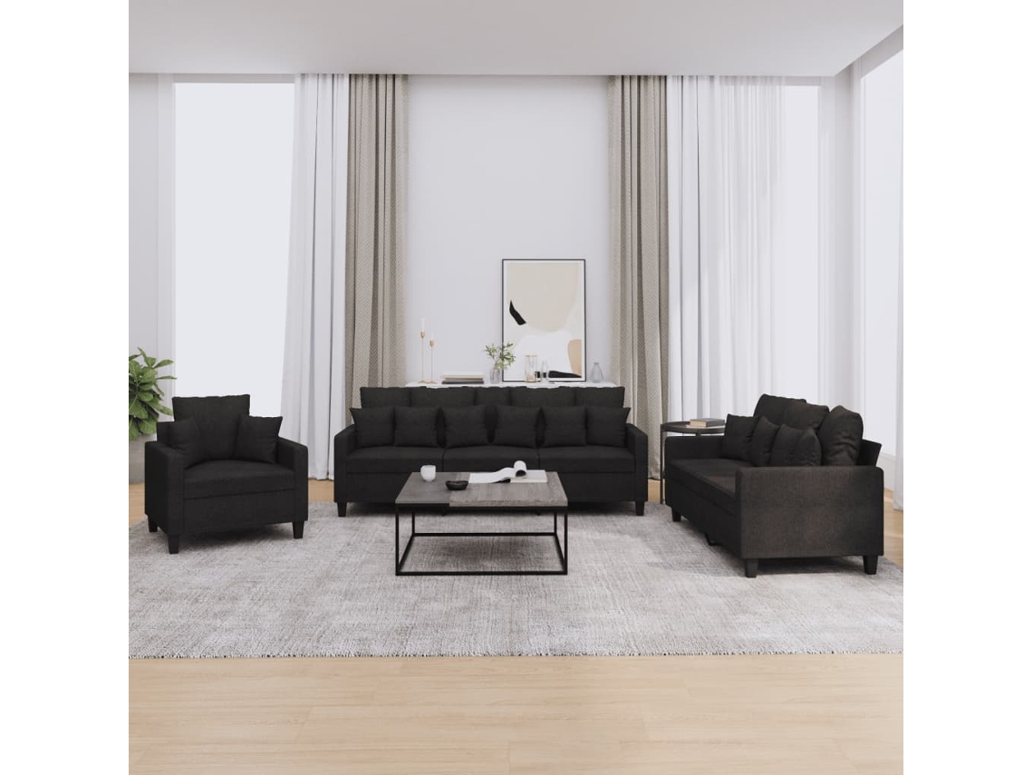Vidaxl 3 Pcs Conjunto De Sofás Com Almofadas Tecido Preto