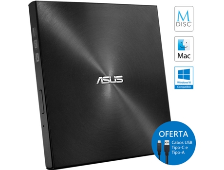 Drive Ótica Externa ASUS ZenDrive U9M SDRW-08U9M-U (USB-USB-C - Preta) — M-DISC | USB 2.0 / C | Ultra-Slim | 8X