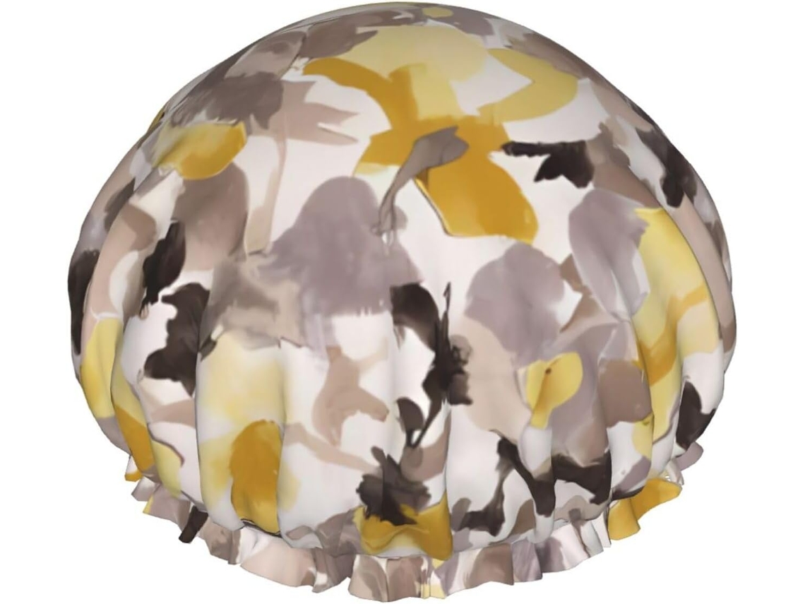 Touca De Banho Com Estampa Floral Amarela E Cinza – Reutilizável, Dupla Camada, Essencial Para Viagens, Hotel, Salão De