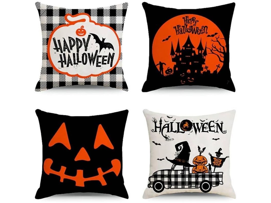 2026-funda De Travesseiro De Halloween, 4 Unidades, 45x45 Cm, Tela De Linho, Decoração Para Halloween, Design Com Fecho Oculto