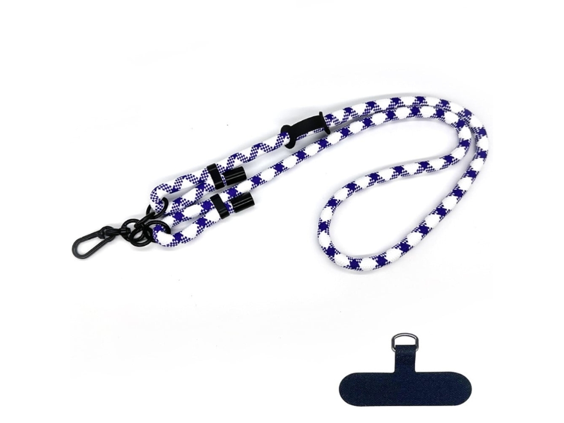 Alça Ajustável Para Celular Em Corda De Poliéster Com Detalhe De Alta Qualidade Nas Cores Roxo E Branco.