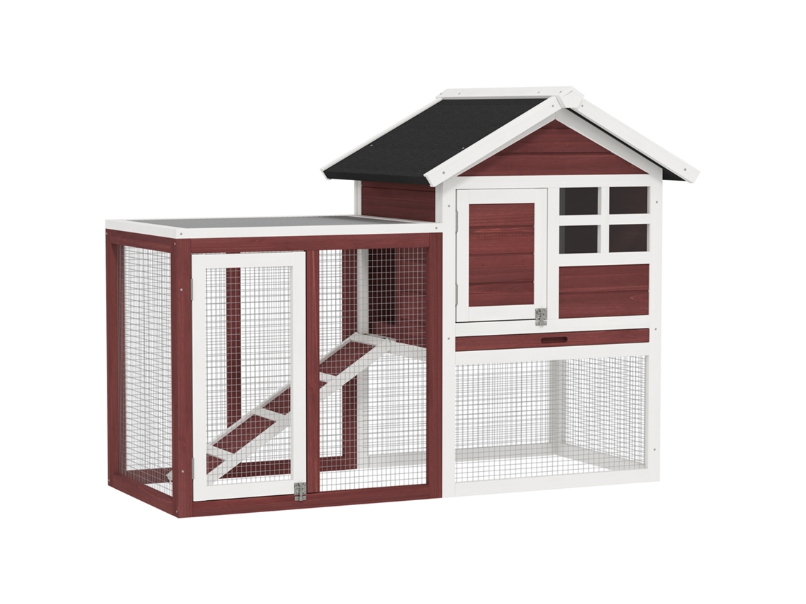 Gaiola de Coelhos de Madeira Externa com Casinha e Rampa. 123,5x62,6x92,5 Cm. Marrom e Branco Ge