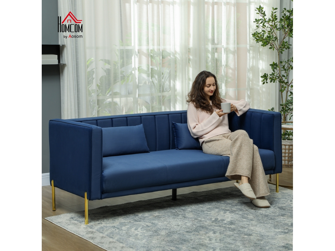 Sofá 3 Lugares Veludo Azul Marinho 194,5x76x76 Cm