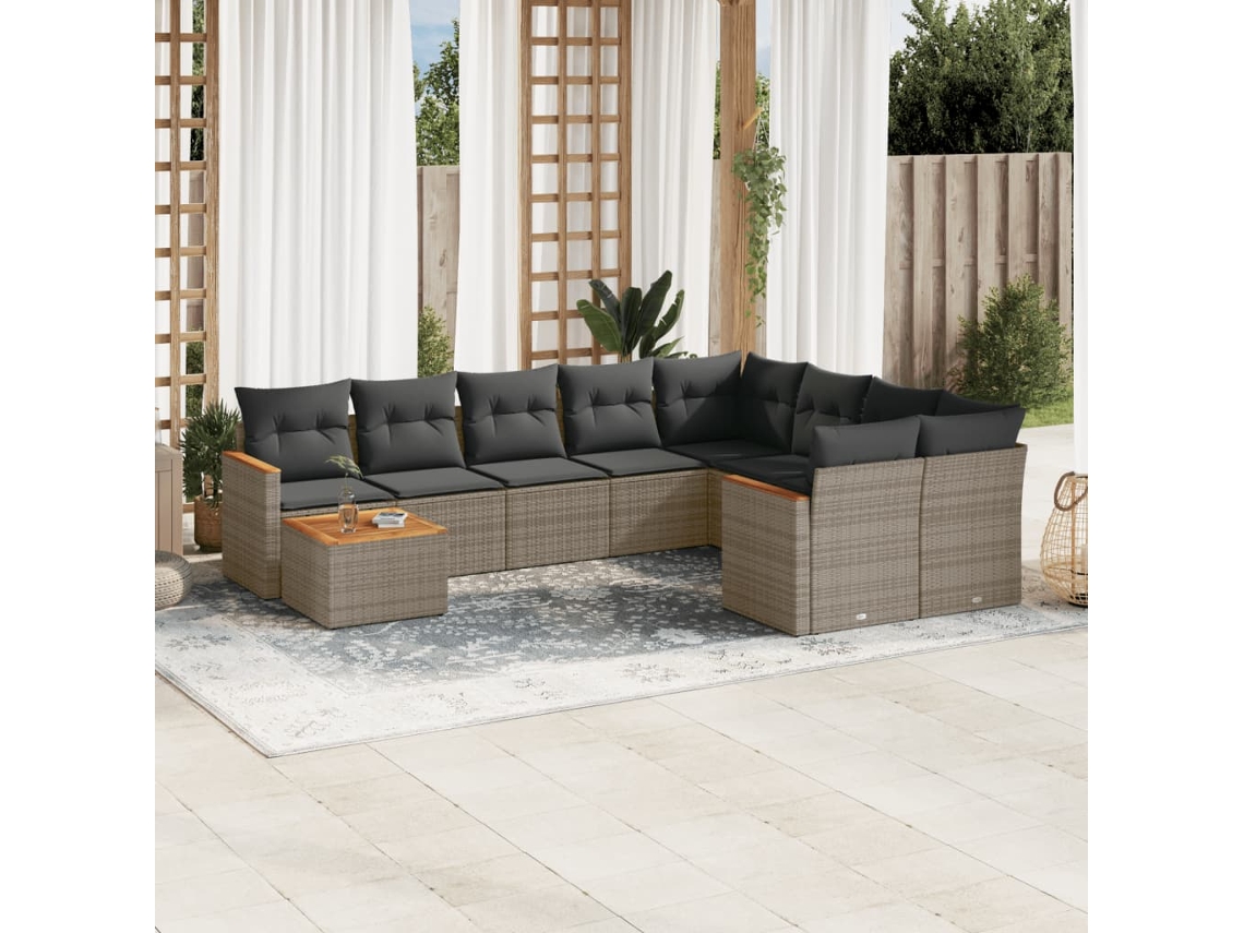 Vidaxl 10 Pcs Conjunto Sofás De Jardim C/ Almofadões Vime Pe Cinzento