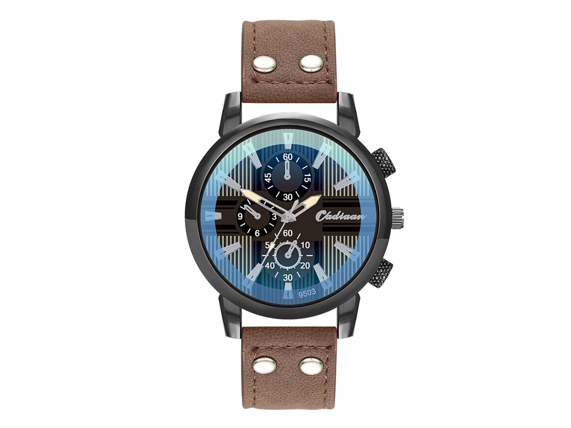 Relógio Masculino de Quartzo com Pulseira de Couro Pu e Mostrador Três Olhos Estilo Moderno
