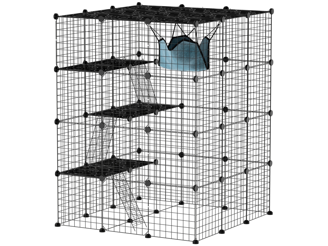 Recinto Modular Quatro Níveis Em Malha Metálica, Cor Preta, Para Interior, 105x140 Cm Para Companheiros De Lar