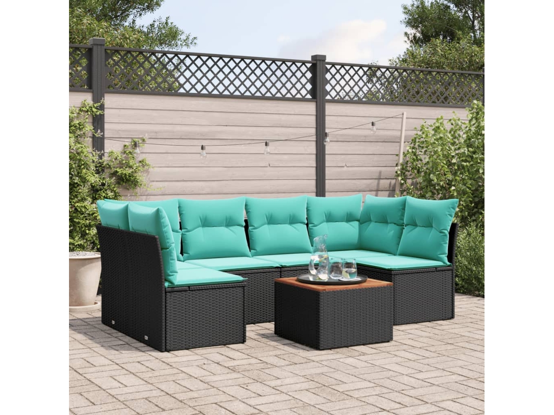 Vidaxl 7 Pcs Conjunto De Sofás P/ Jardim C/ Almofadões Vime Pe Preto