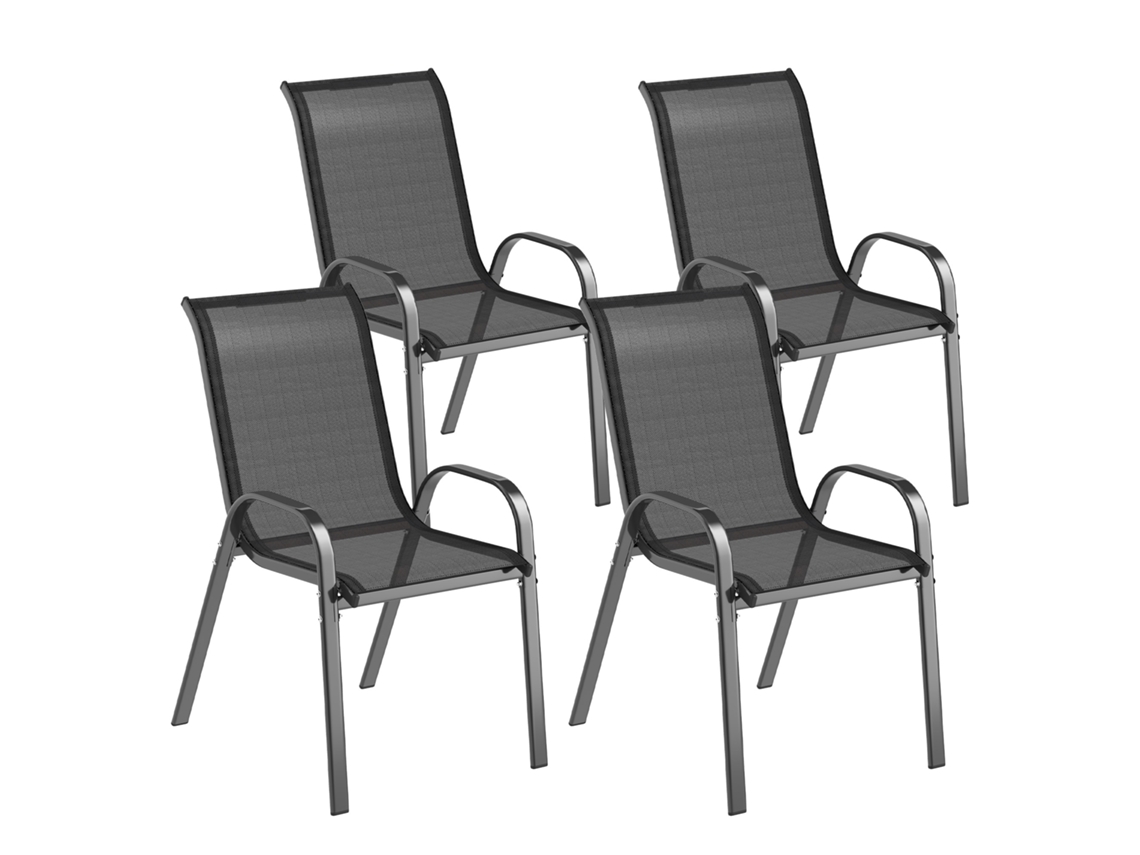 Conjunto de 4 Cadeiras de Jardim, Cadeiras Empilháveis, Encosto Alto, Tecido, Malha Respirável, Estrutura de Aço, 54 X 71 X 93 Cm, Preto Ge