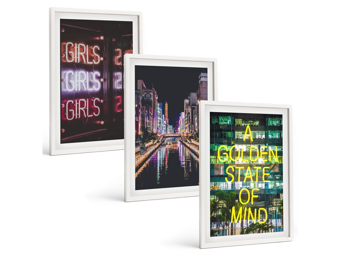 Conjunto De Pinturas Letras De Neon, Rio Em Noite Espelharte (3 Peças 40x60 Cm)