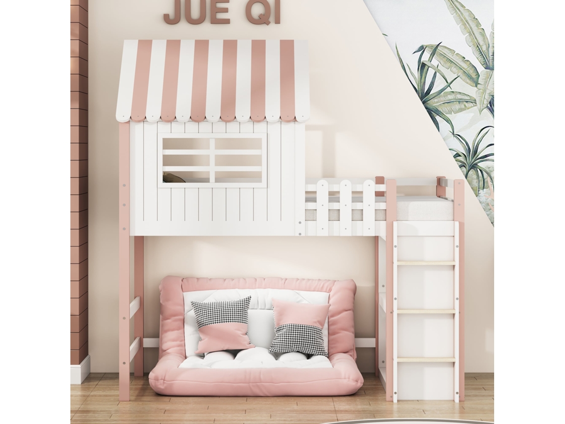 Cama Infantil em Madeira Maciça, 90x200cm, com estrutura de cabana, gaveta, rosa, KOMHTOM